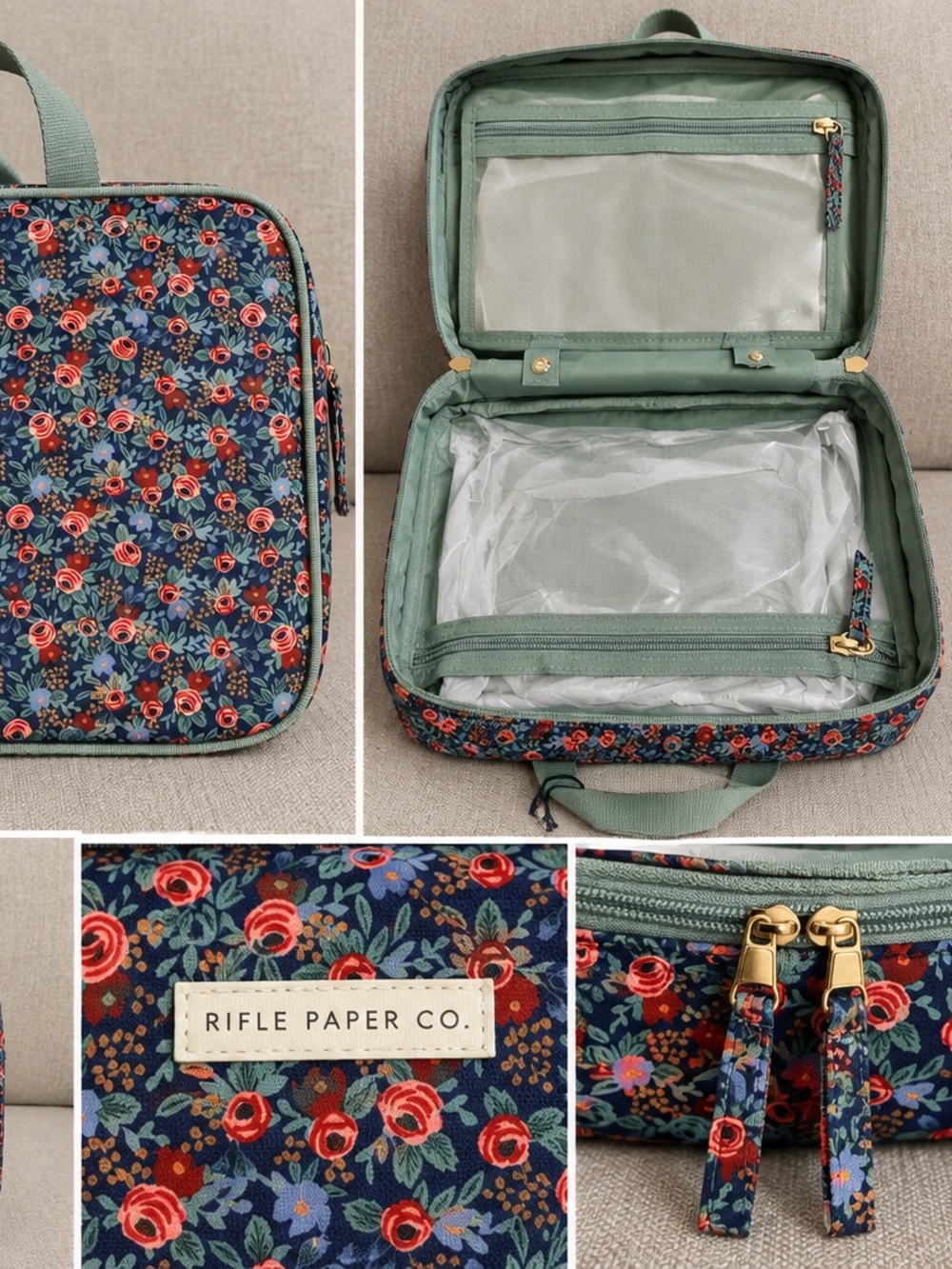 Rifle Paper Co. Navy Floral Cosmetic Case with Sage Interior